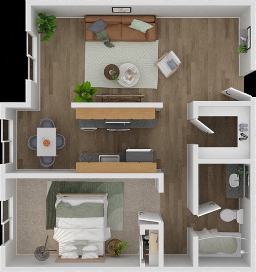 Floor plan for 1 bed, 1 bath, 625 sqft